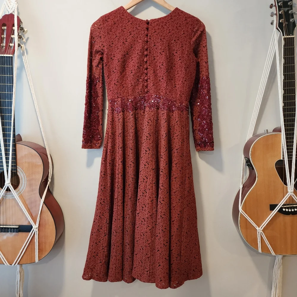 Manishii Rust/Ruby Sequin Embroidered Lace Anarkali Gown Dress Pakistani - Picture 2 of 11